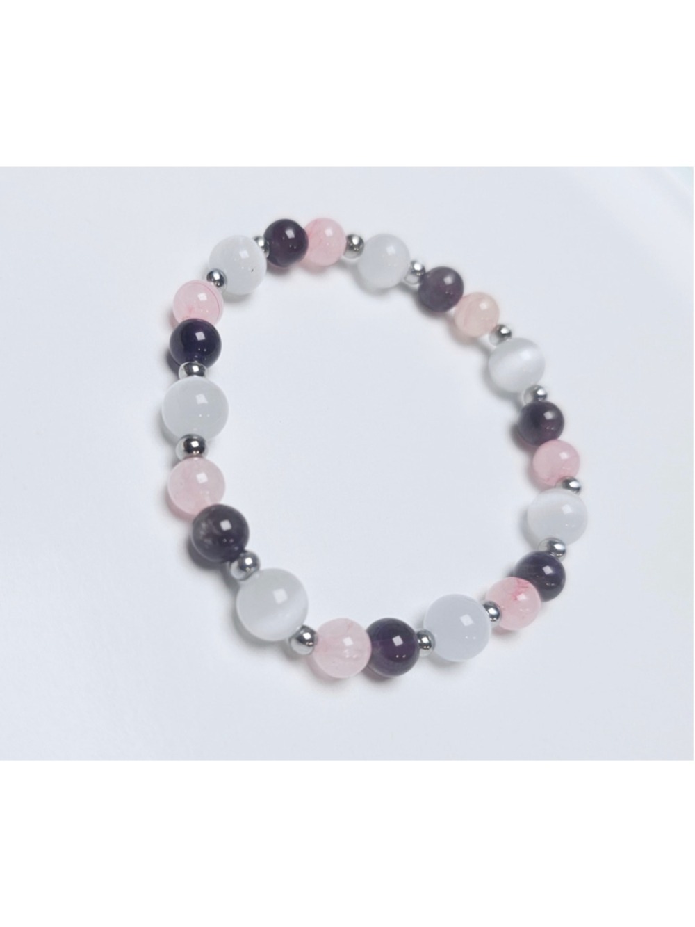 Rose Quartz Amethyst Selenite Gemstone Bracelet 7 Inch
